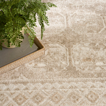 Beige geometric patterned rug topped with a woven basket, grey book, and potted green fern.