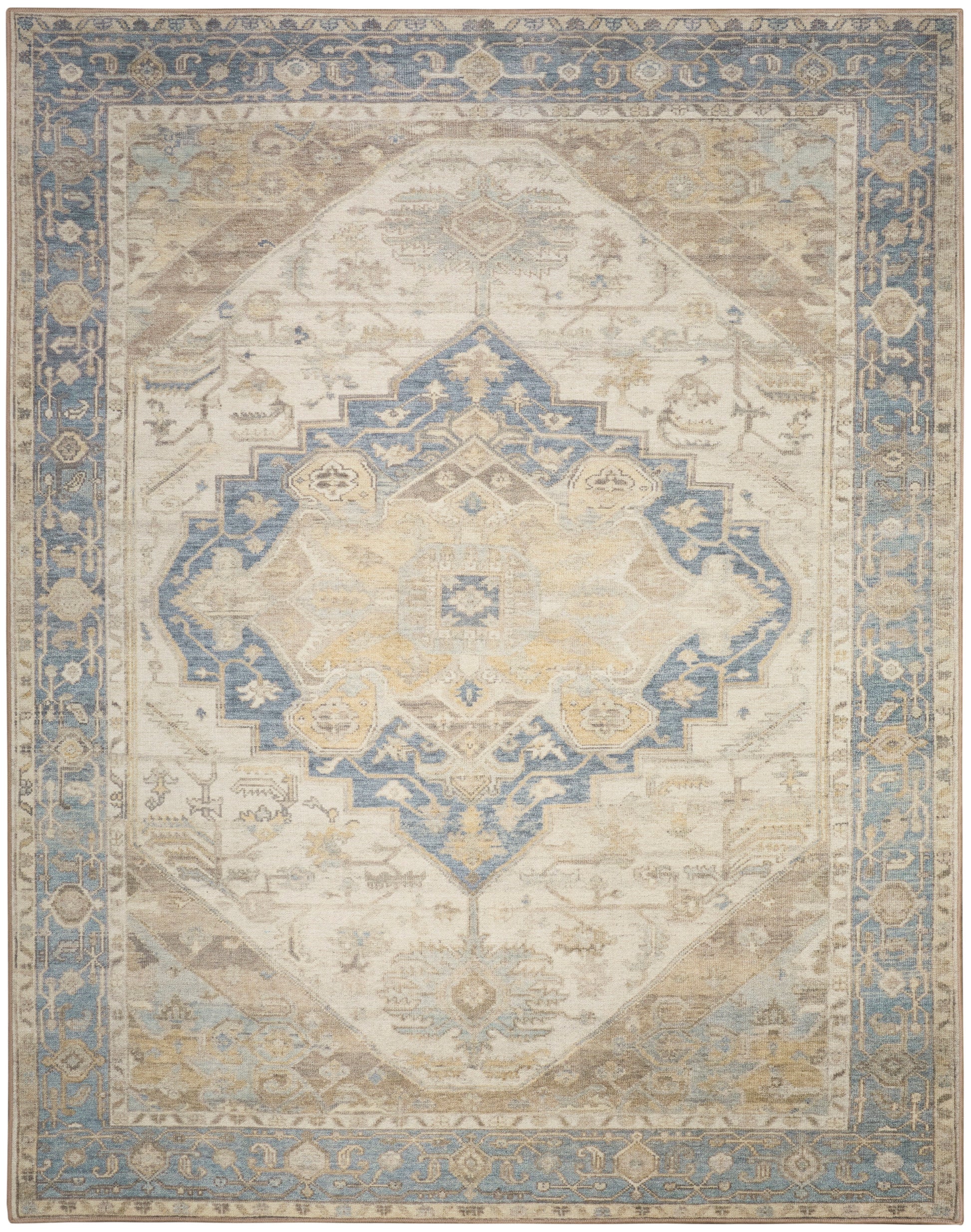 Rectangular distressed oriental rug with cream beige field, blue central medallion, soft gold accents, blue & ornate border.