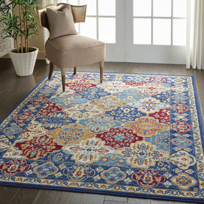 Colorful oriental-style area rug with blue border and floral medallions; 5' x 7'.