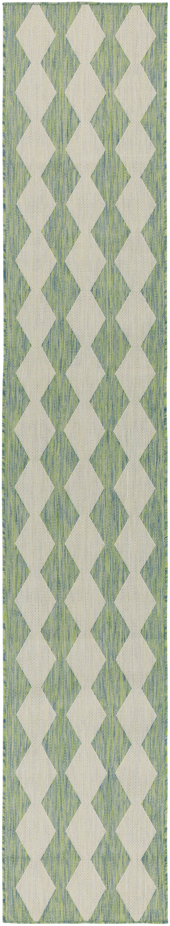 Long green woven runner rug with cream diamond trellis pattern; narrow hallway decor.