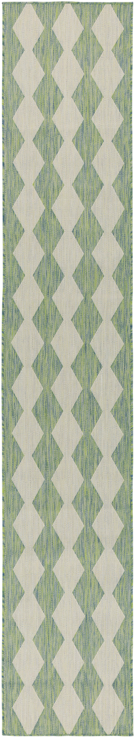 Long green woven runner rug with cream diamond trellis pattern; narrow hallway decor.