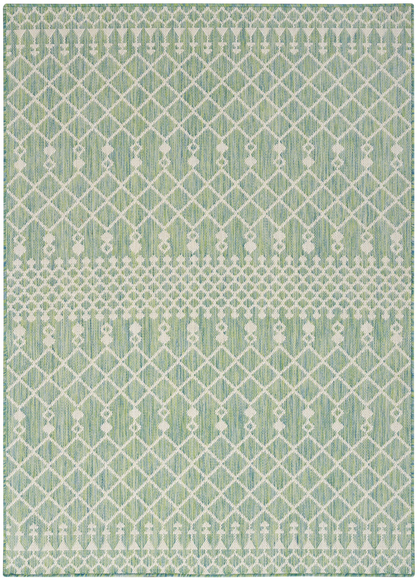 Sage green rug with white diamond lattice, dotted vertical motifs, and striped borders; woven geometric print.