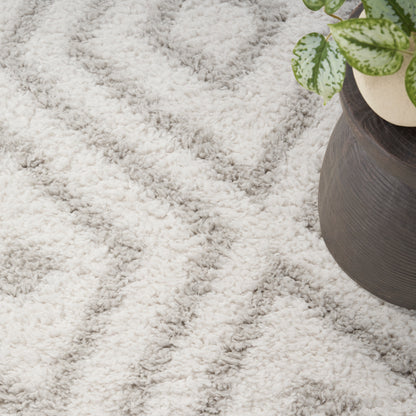 Cream shag rug with a dark brown ceramic planter & variegated green pothos for cozy modern home decor.
