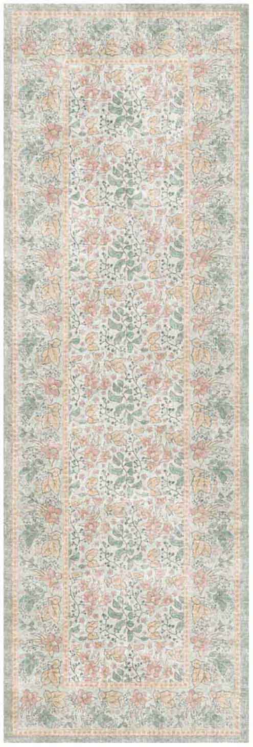 Pastel floral runner rug with peach, mint and ivory tones, intricate repeating motifs and bordered edges.