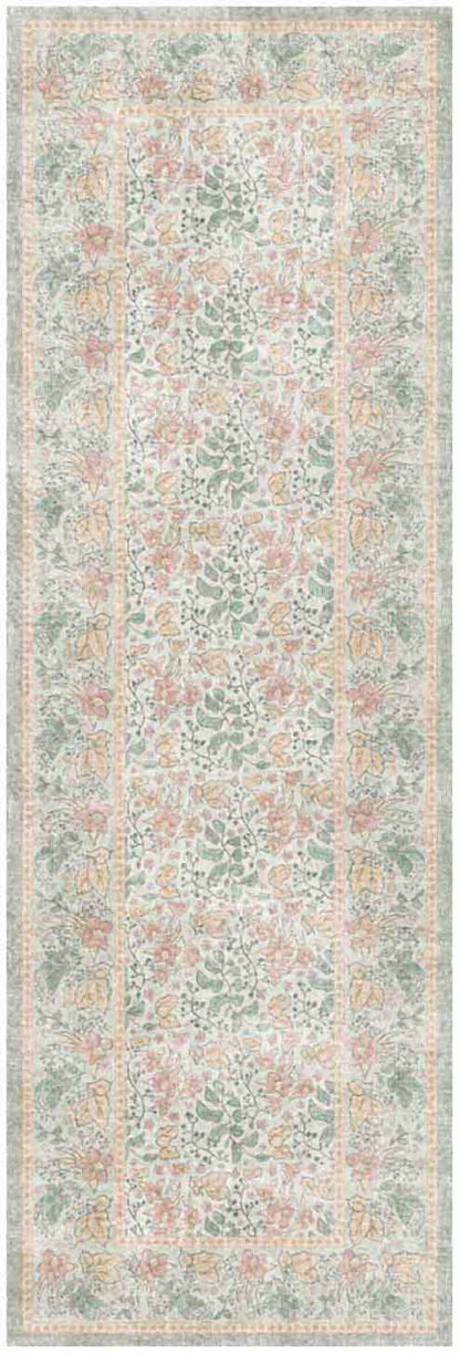 Pastel floral runner rug with peach, mint and ivory tones, intricate repeating motifs and bordered edges.
