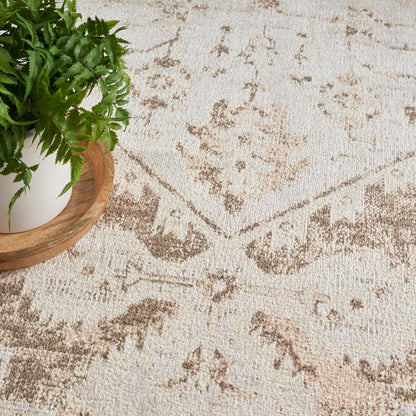 Beige oriental-style rug with brown floral pattern; green fern in white pot on wooden tray.