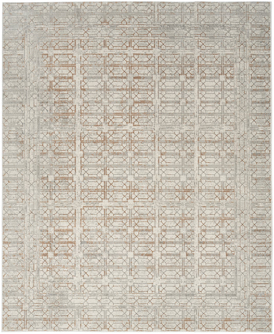 Neutral beige area rug with a subtle geometric lattice grid and soft distressed texture.