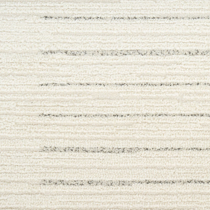 Cream area rug with subtle gray horizontal stripes and textured pile.