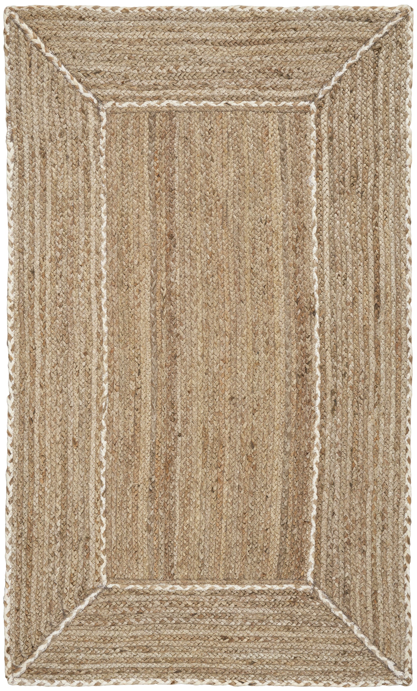 Natural jute rug with framed border and white stitched outline; textured coastal-style rug for living room or entry.