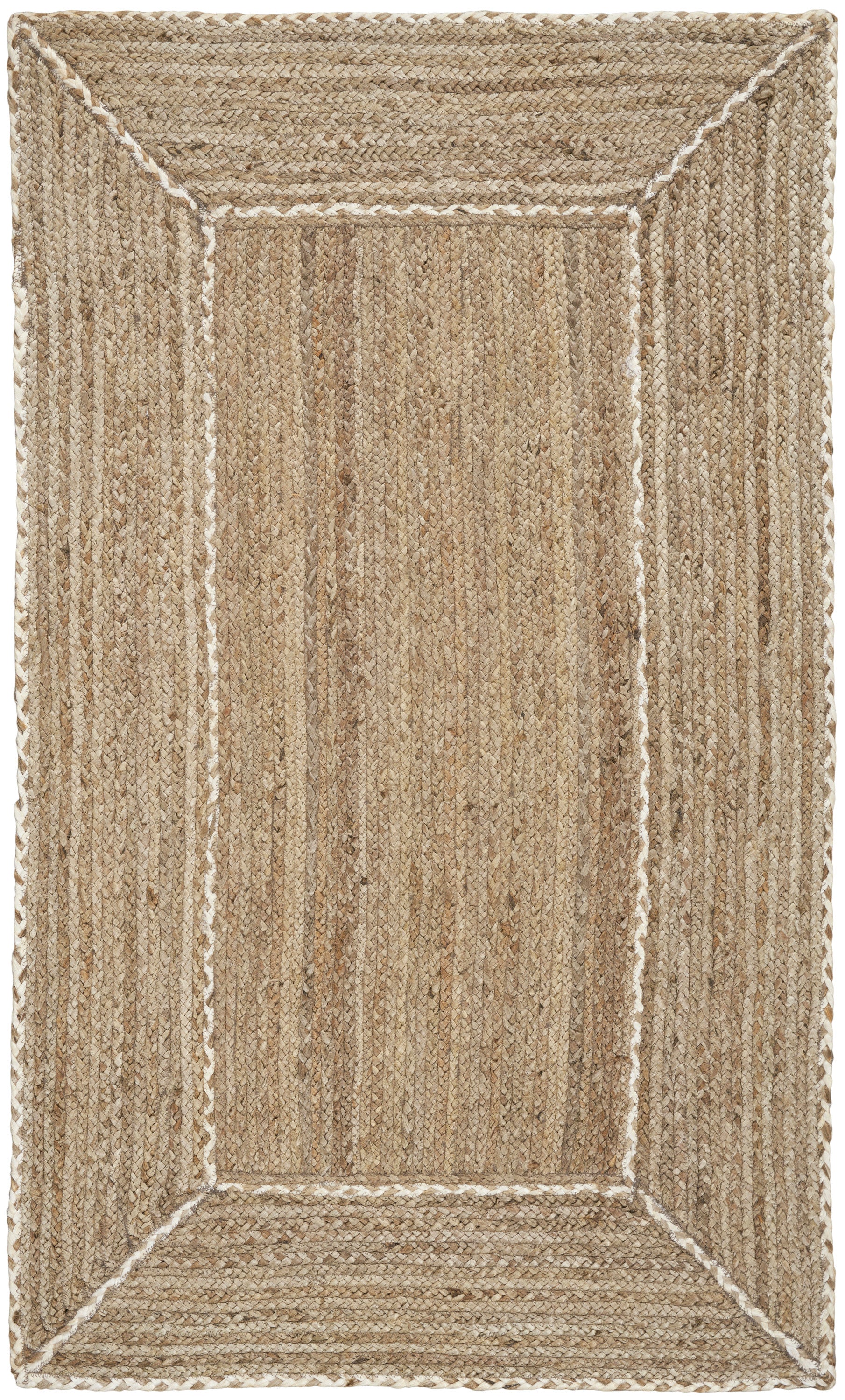 Natural jute rug with framed border and white stitched outline; textured coastal-style rug for living room or entry.