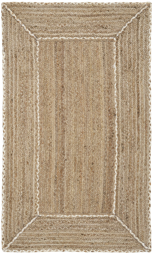 Natural jute rug with framed border and white stitched outline; textured coastal-style rug for living room or entry.