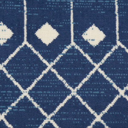 Blue woven runner with white diamond lattice pattern; geometric contemporary style for hallways or living areas.