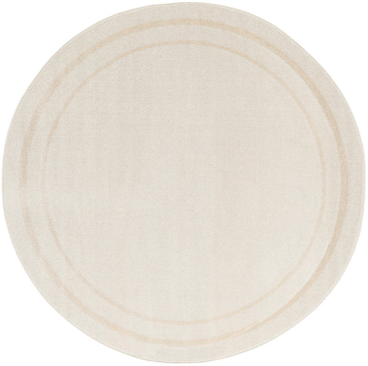 Beige round rug with tonal cream concentric rings and woven texture.