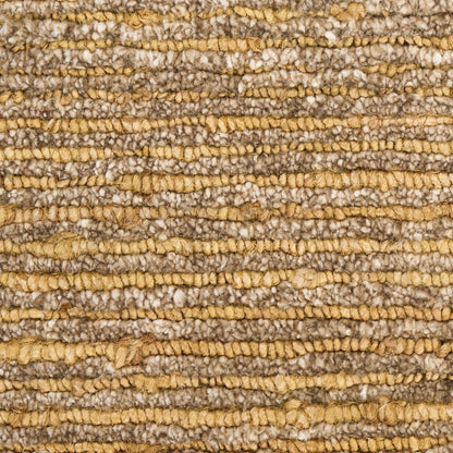Close-up of a striped beige-tan woven rug with chunky boucle texture in natural fibers.