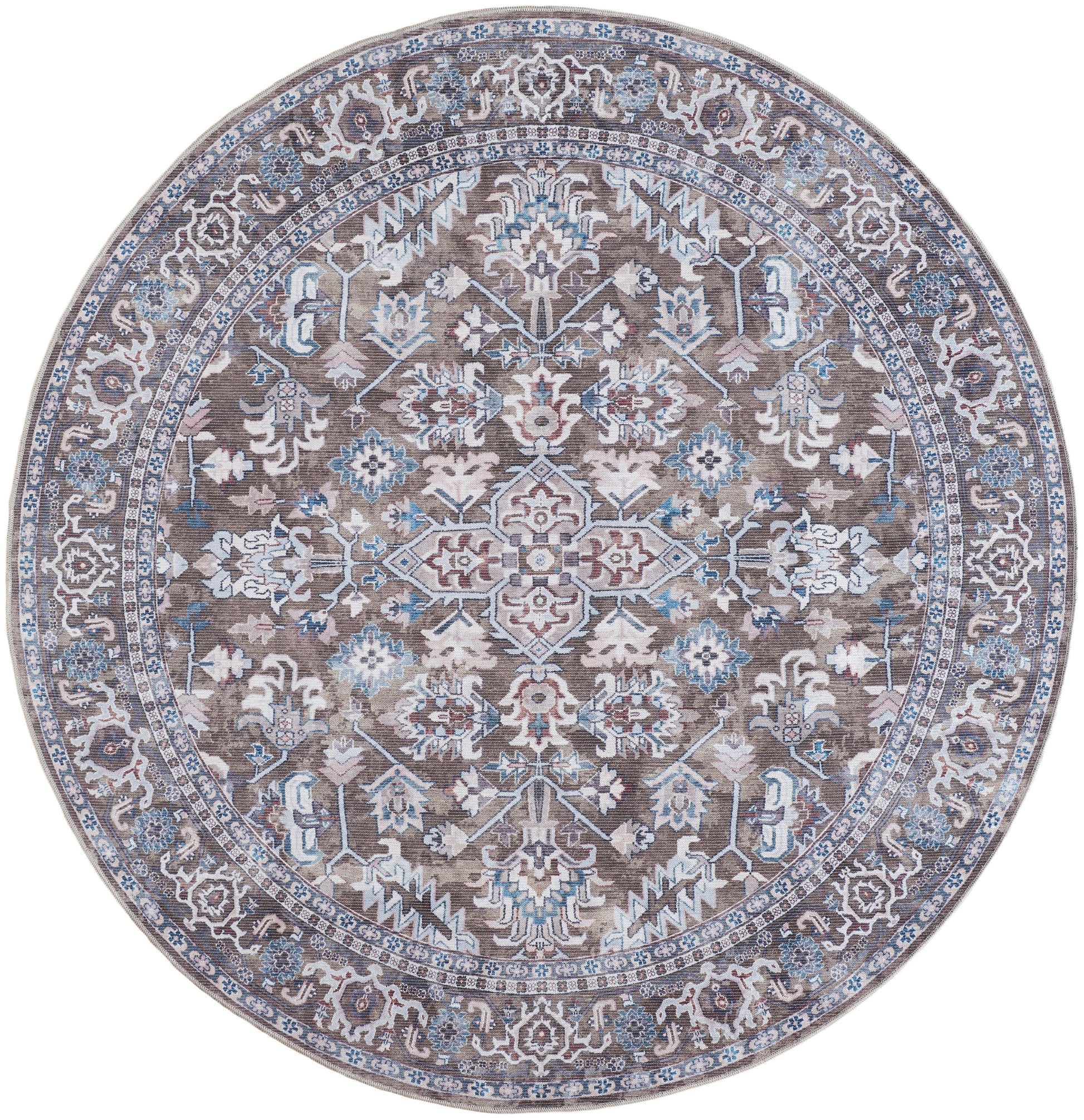 Round woven rug with taupe base, ivory and blue floral medallion and ornate border.