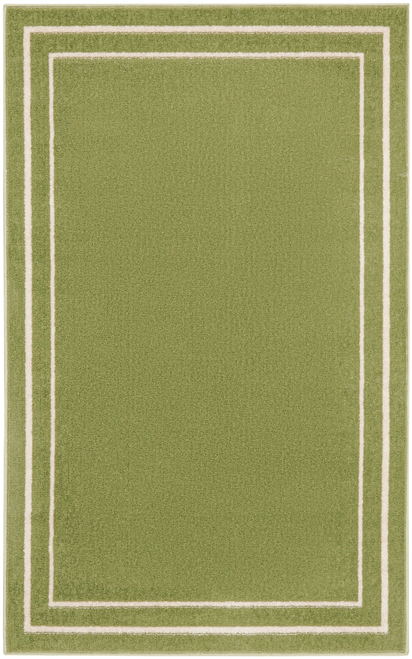 Green rectangular rug with cream double-frame borders and soft textured pile.
