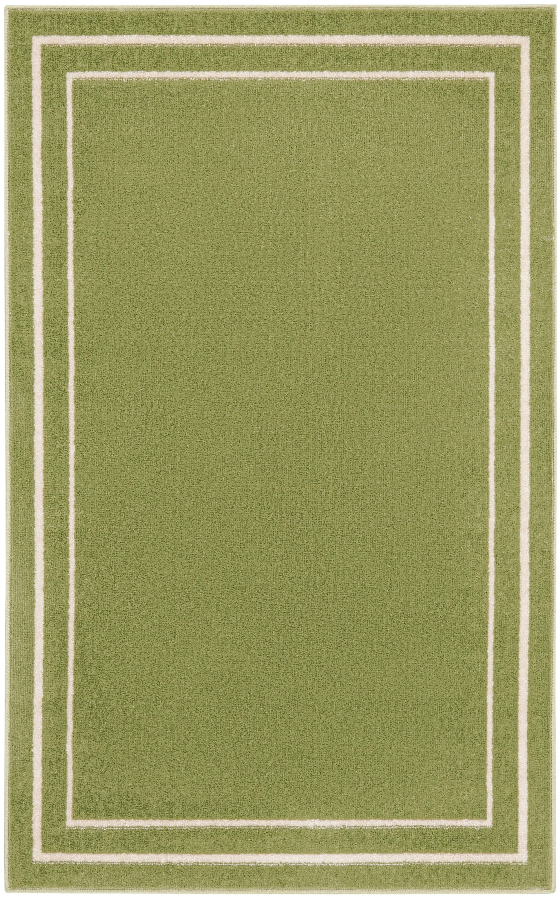 Green rectangular rug with cream double-frame borders and soft textured pile.