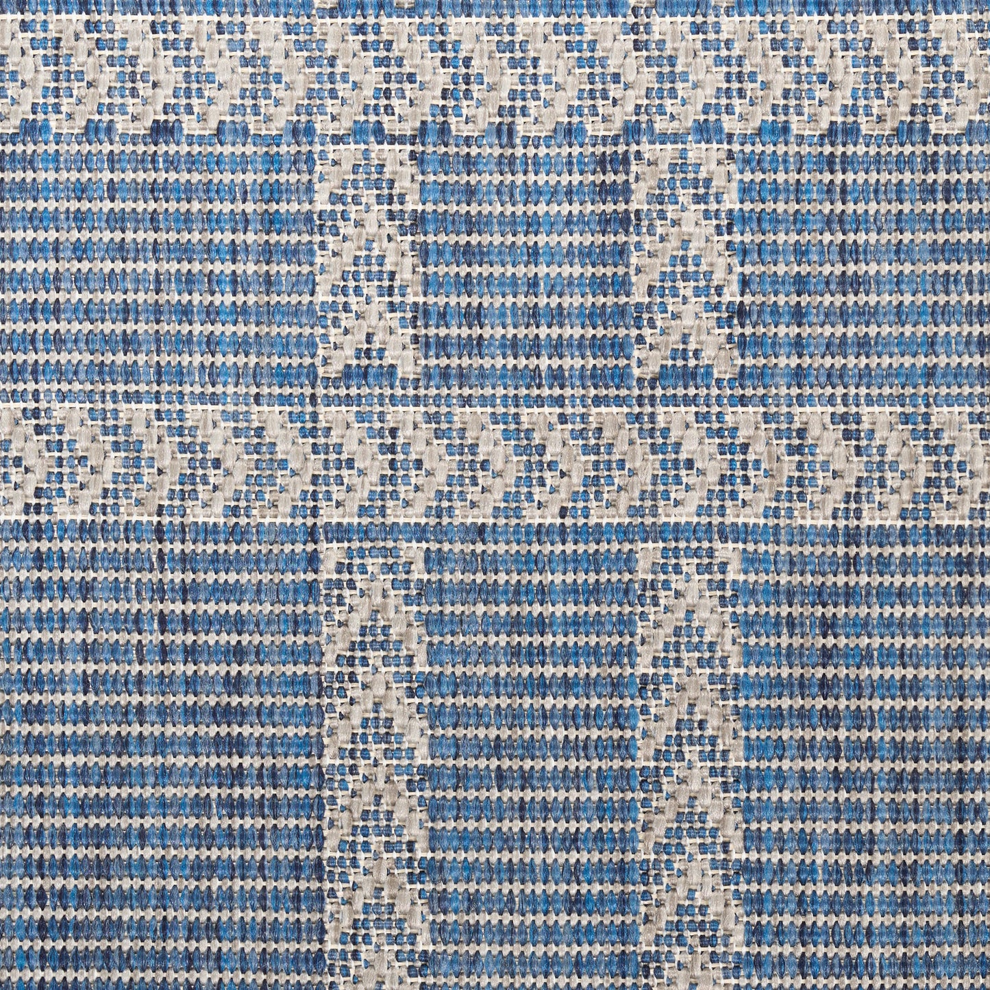 Blue and white woven border framing a plain gray center on an 8' modern runner rug.