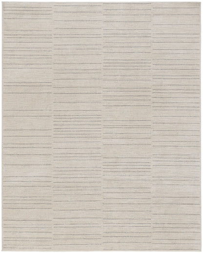 Beige flat-weave rug with subtle pale gray horizontal line blocks; modern, neutral for living room or bedroom.