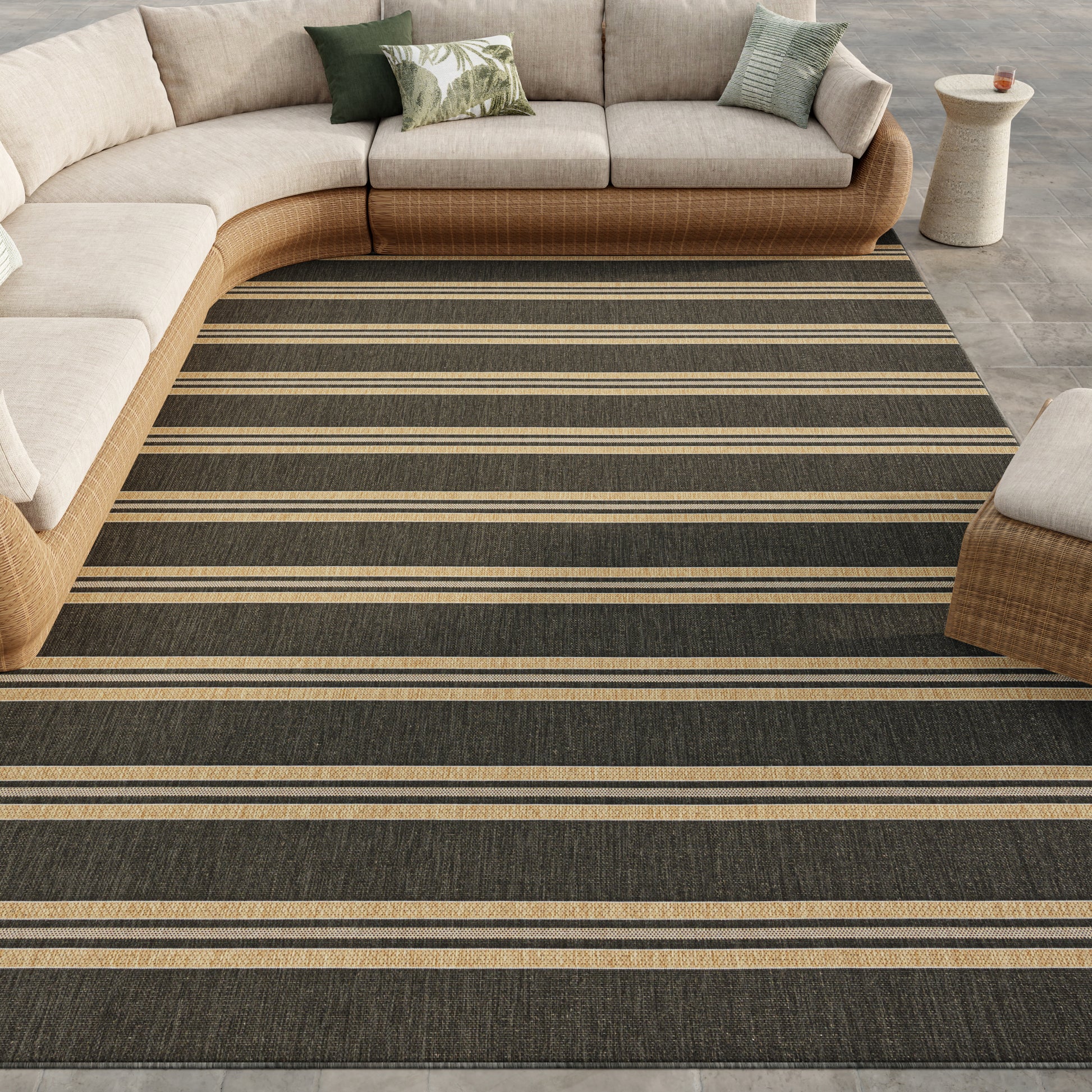 Beige striped area rug in charcoal and beige tones, 9' x 12'.
