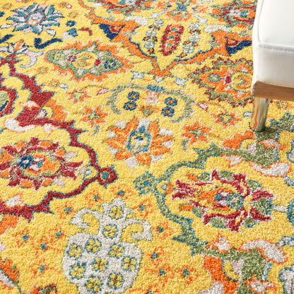 Vibrant yellow Oriental-style rug with multicolor floral medallions in red, blue, and green; low-pile tufted for living room.