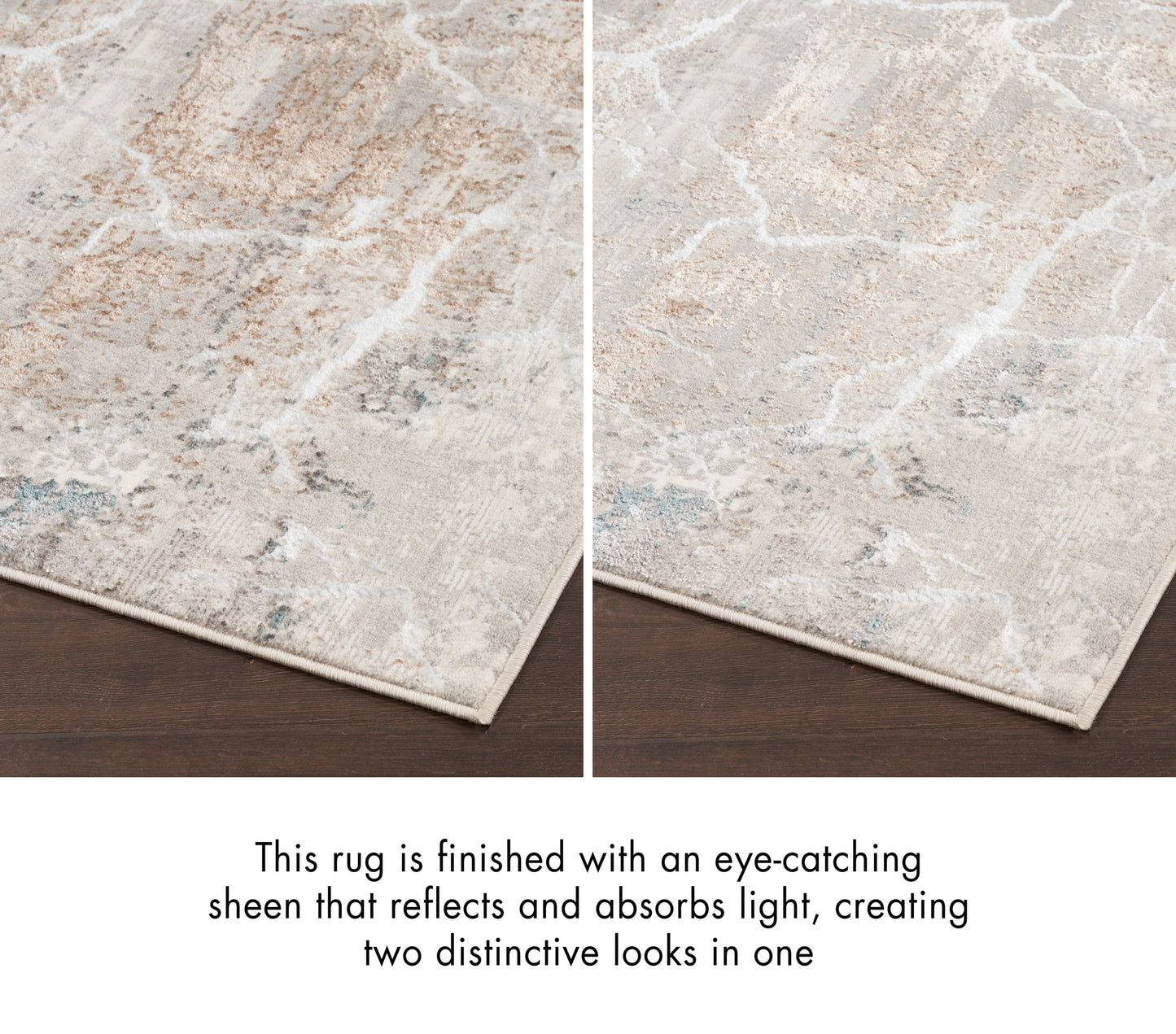 Abstract beige-gray rug with pale blue accents and a shimmering finish; two looks shown on dark wood floor.