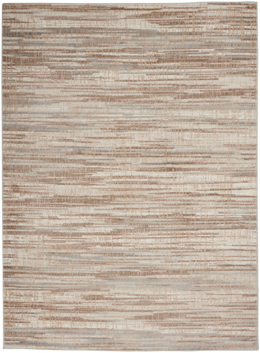 Rectangular neutral area rug with beige and cream distressed stripes; woven texture, versatile for living room or bedroom decor.