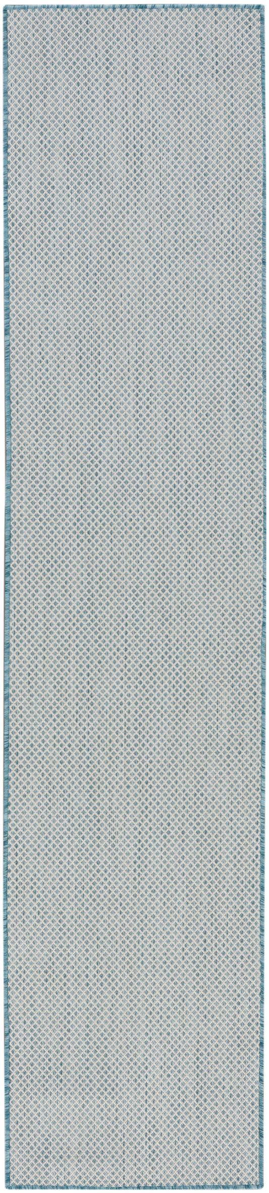 Long pale blue runner rug with white diamond lattice and teal border.