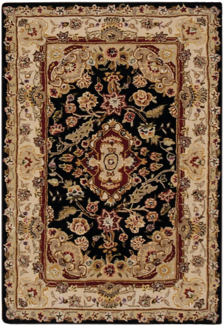 Persian-style rug with black central field, ivory border and red-gold floral medallions; traditional oriental carpet.
