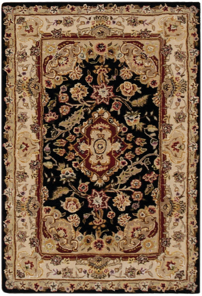 Persian-style rug with black central field, ivory border and red-gold floral medallions; traditional oriental carpet.