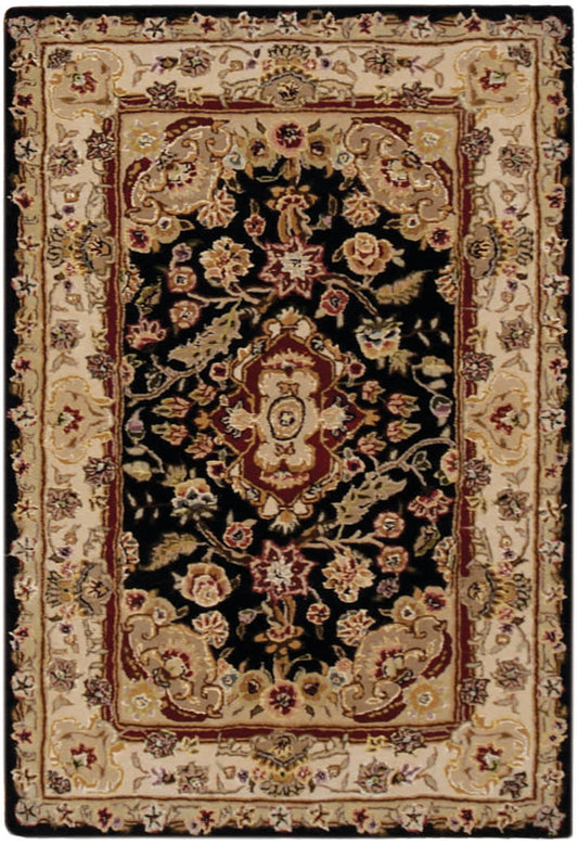 Persian-style rug with black central field, ivory border and red-gold floral medallions; traditional oriental carpet.