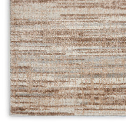 Beige and taupe abstract rug with horizontal brushed stripes and subtle gray tones.