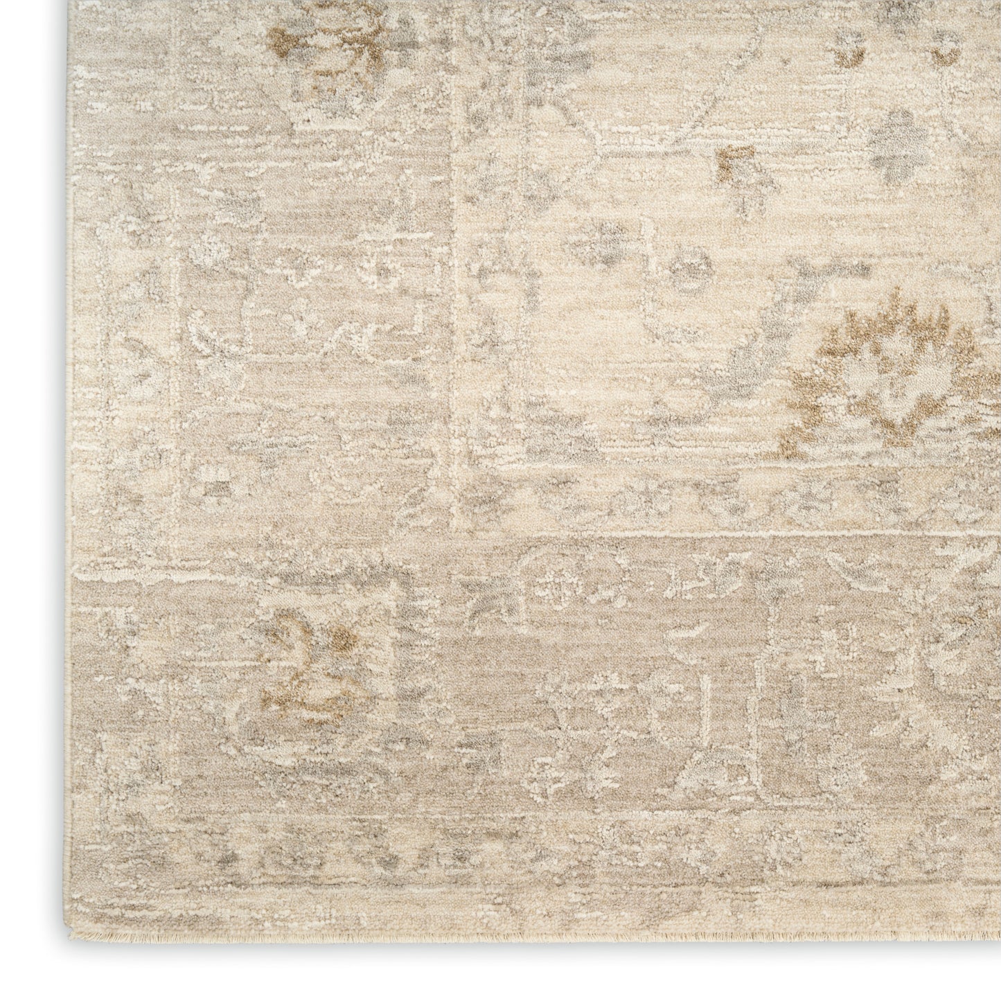 Beige distressed area rug with faded vintage pattern and soft, muted tones.