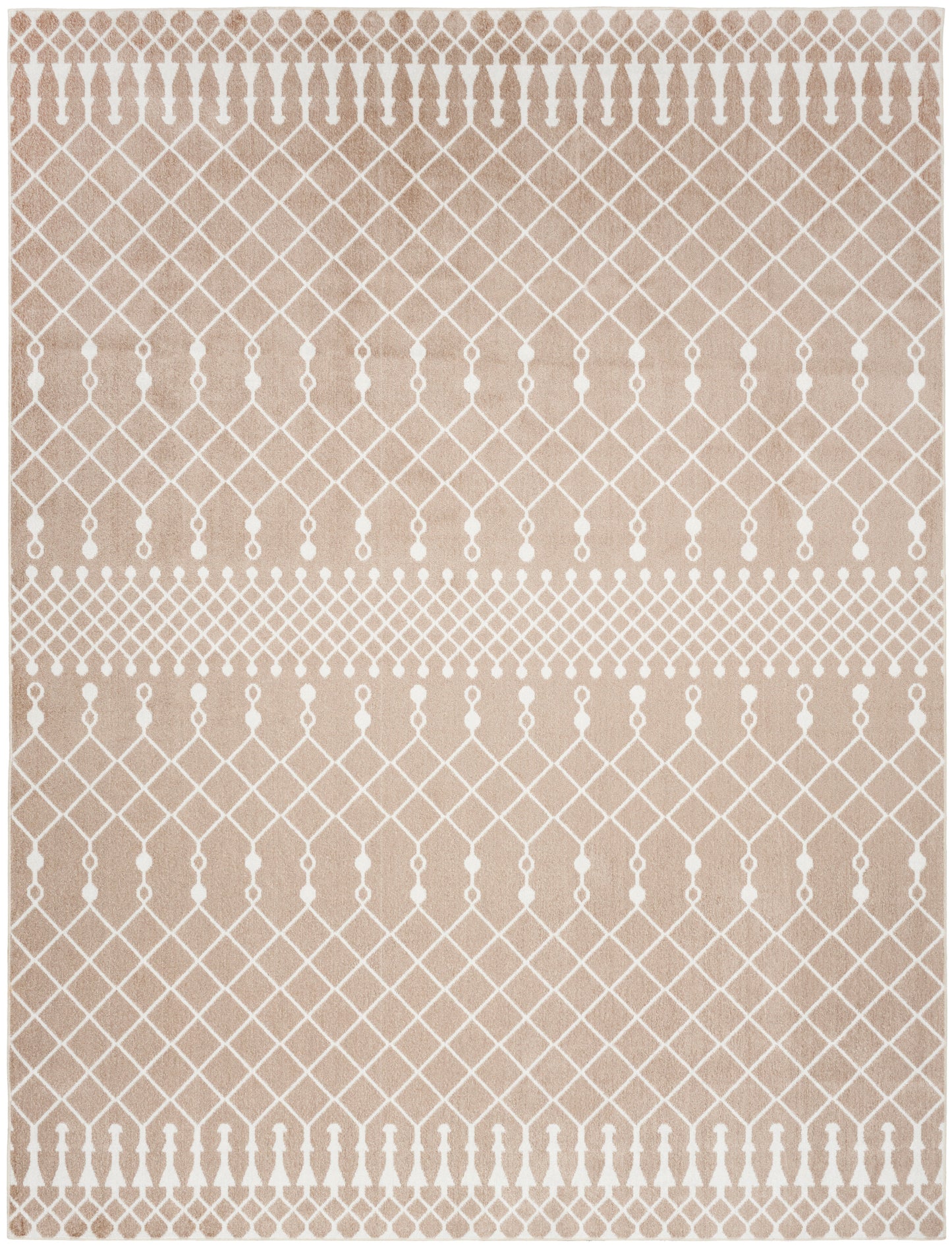 Rectangular beige woven rug with white geometric lattice & dotted accents; neutral home decor.