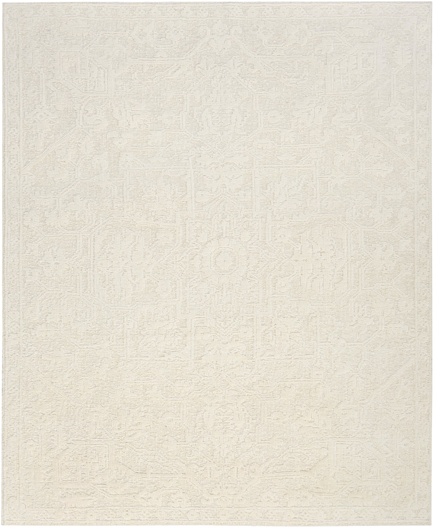 Cream ivory area rug with a subtle oriental-inspired pattern in pale beige and a bordered edge.