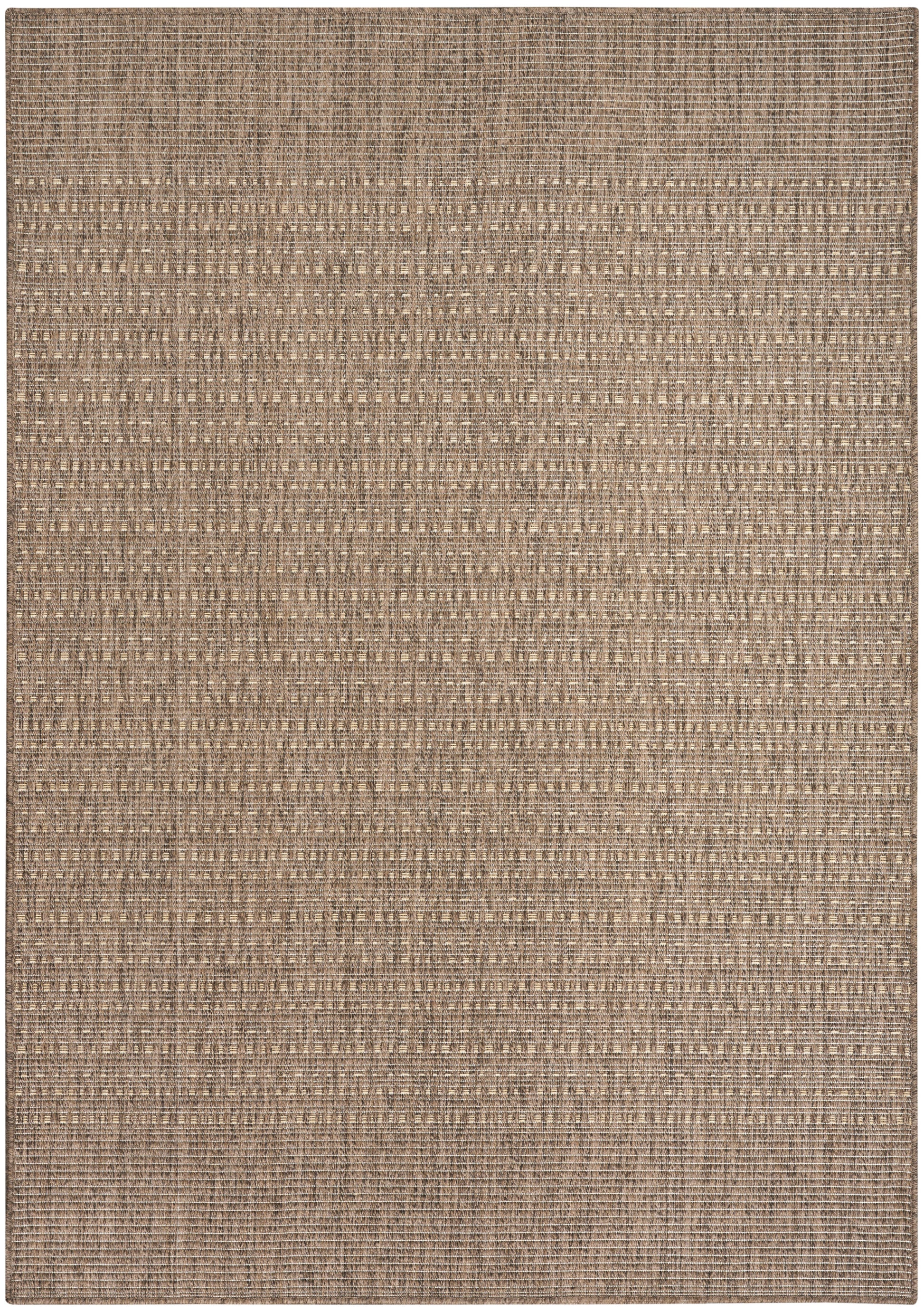 Beige-brown woven area rug with a subtle striped grid pattern; neutral flat-weave style.