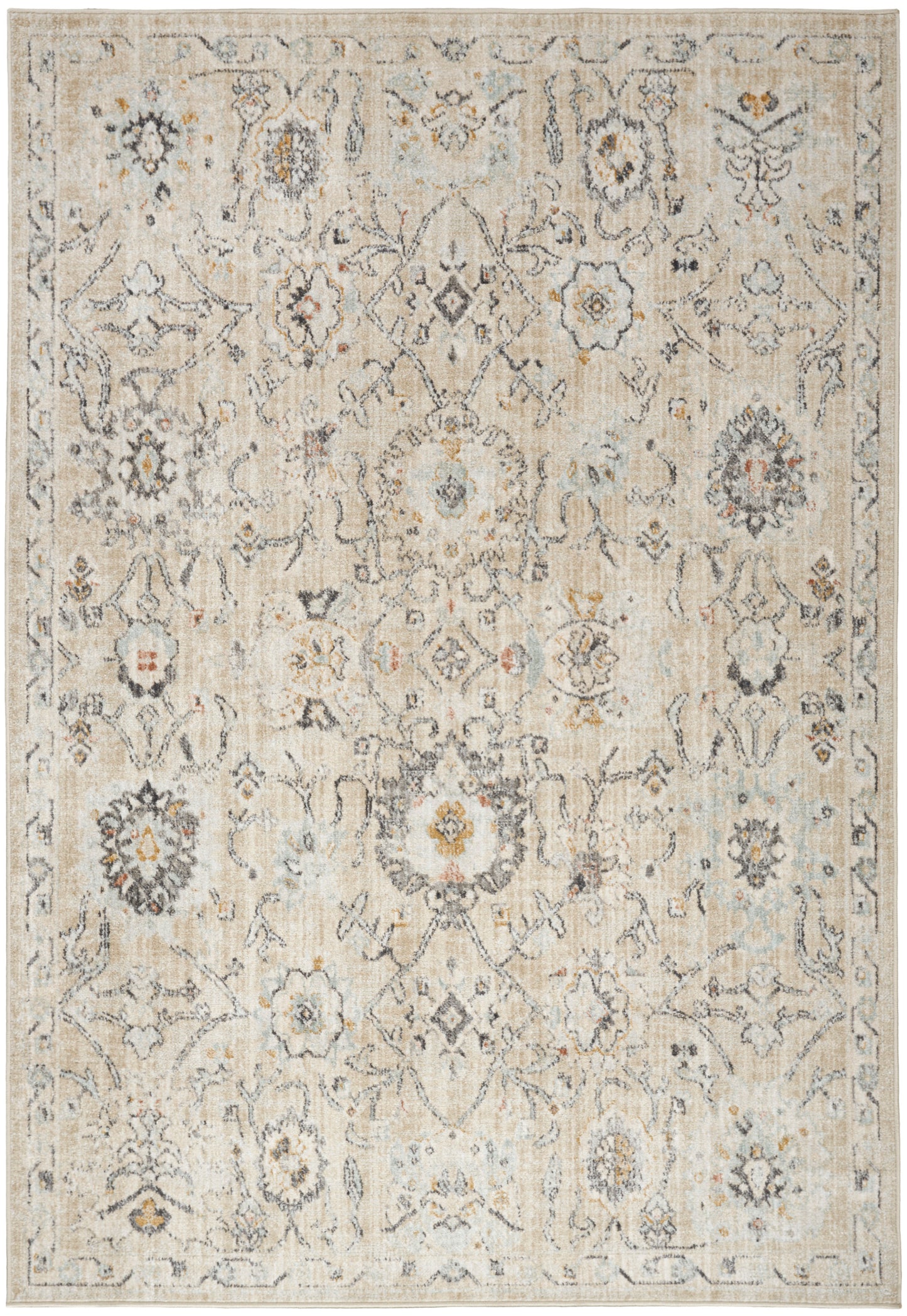 Beige vintage-style oriental rug with faded blue & gray & gold floral medallions, distressed look, bordered edges.