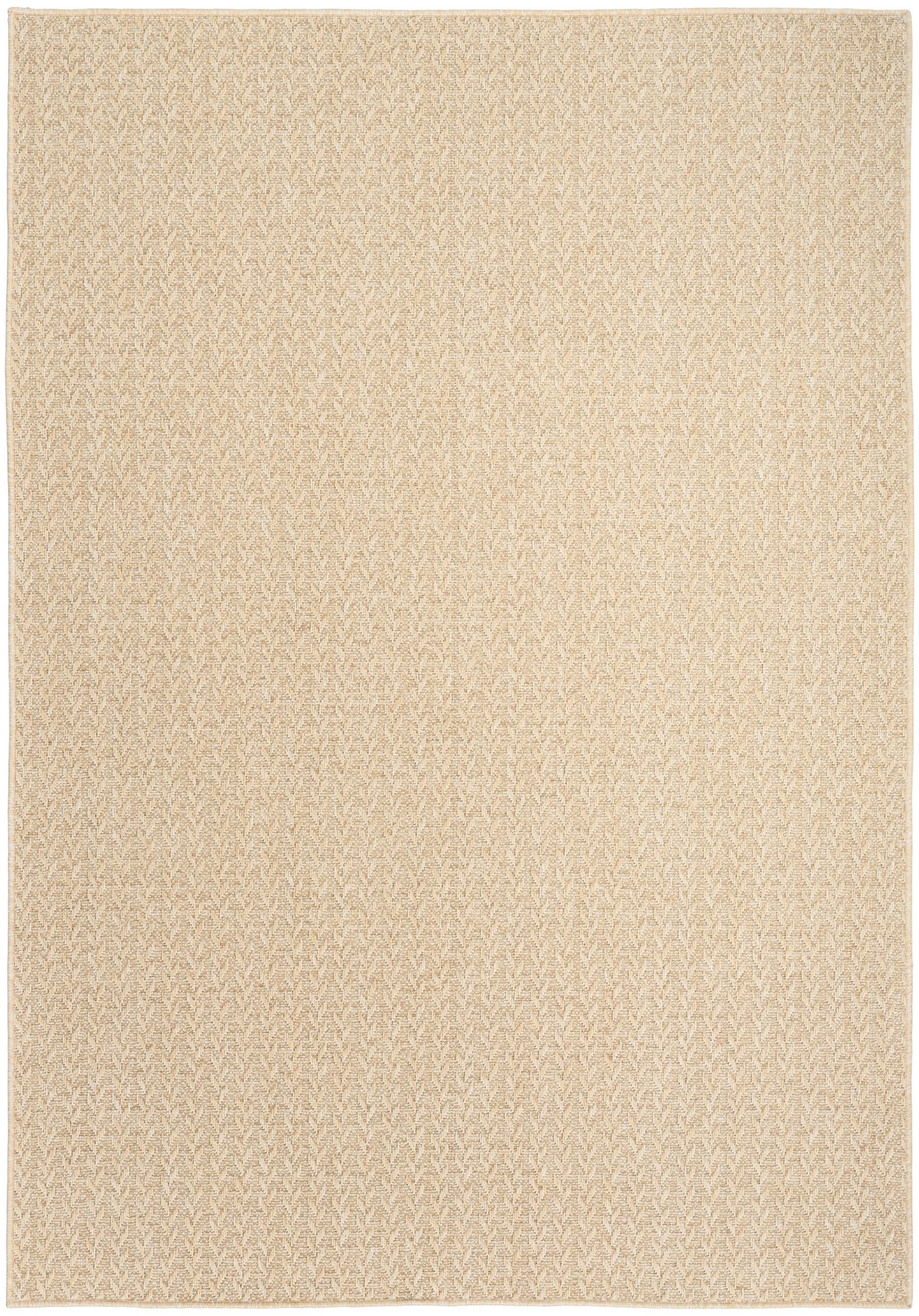 Beige rectangular rug with a subtle chevron weave; natural-fiber look, neutral floor decor.