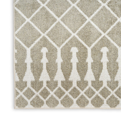 Beige area rug with white lattice pattern and row of abstract human silhouettes; woven texture, geometric decor.