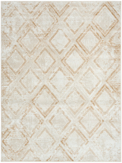 Beige distressed diamond-pattern area rug in cream tones; geometric, modern-vintage style for living room