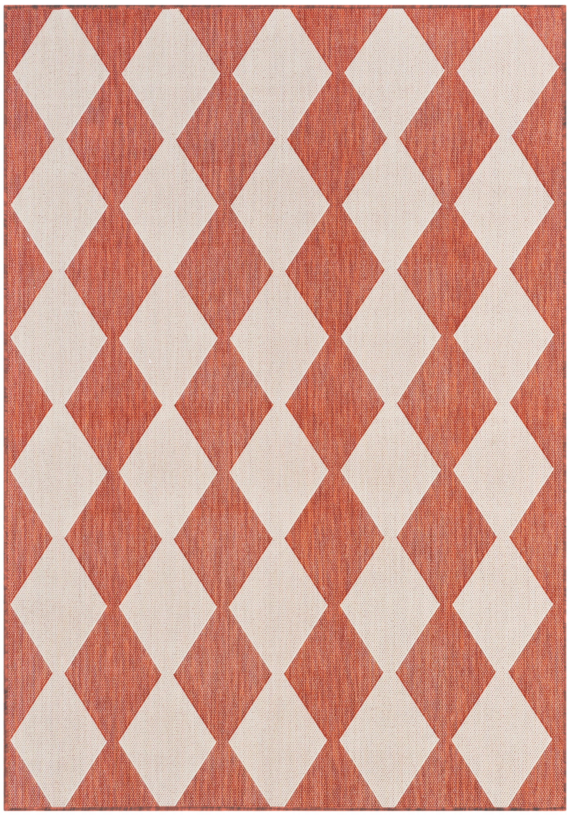 Rectangular woven rug with rust orange and beige diamond lattice pattern, textured surface.