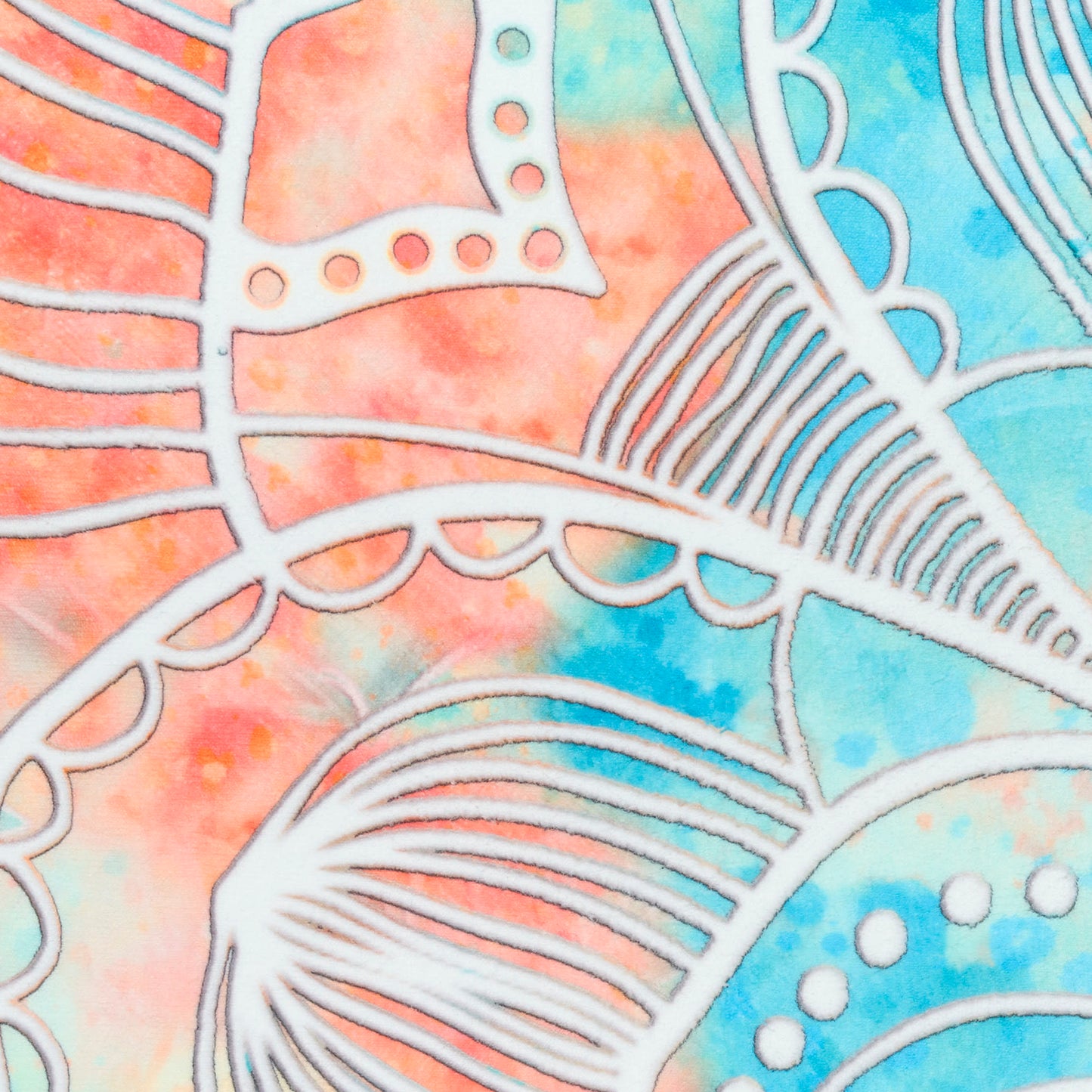 5' round rug with a vibrant tie-dye watercolor background & white intricate mandala line art in orange, pink & blue hues.