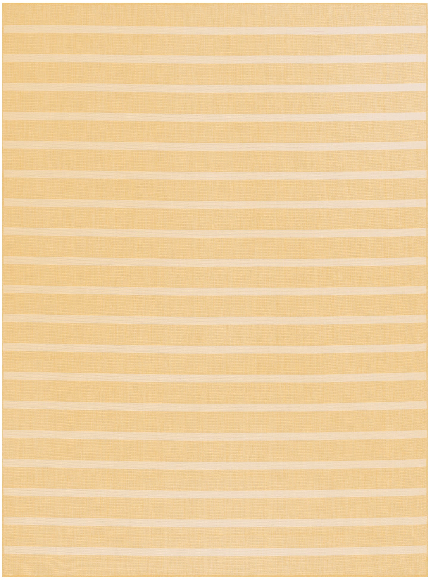 Rectangular beige-yellow rug with white horizontal stripes, woven texture; modern casual living room rug.