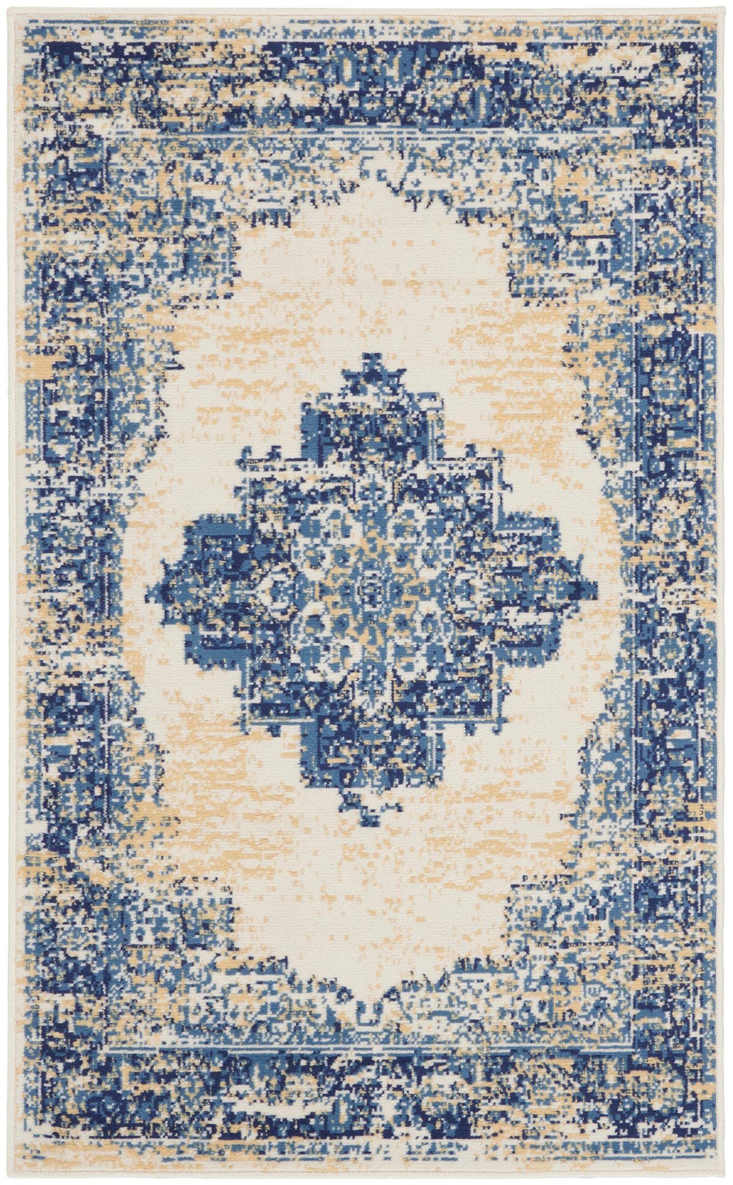 Distressed blue and ivory oriental rug with central medallion and ornate border; vintage look, plush pile.