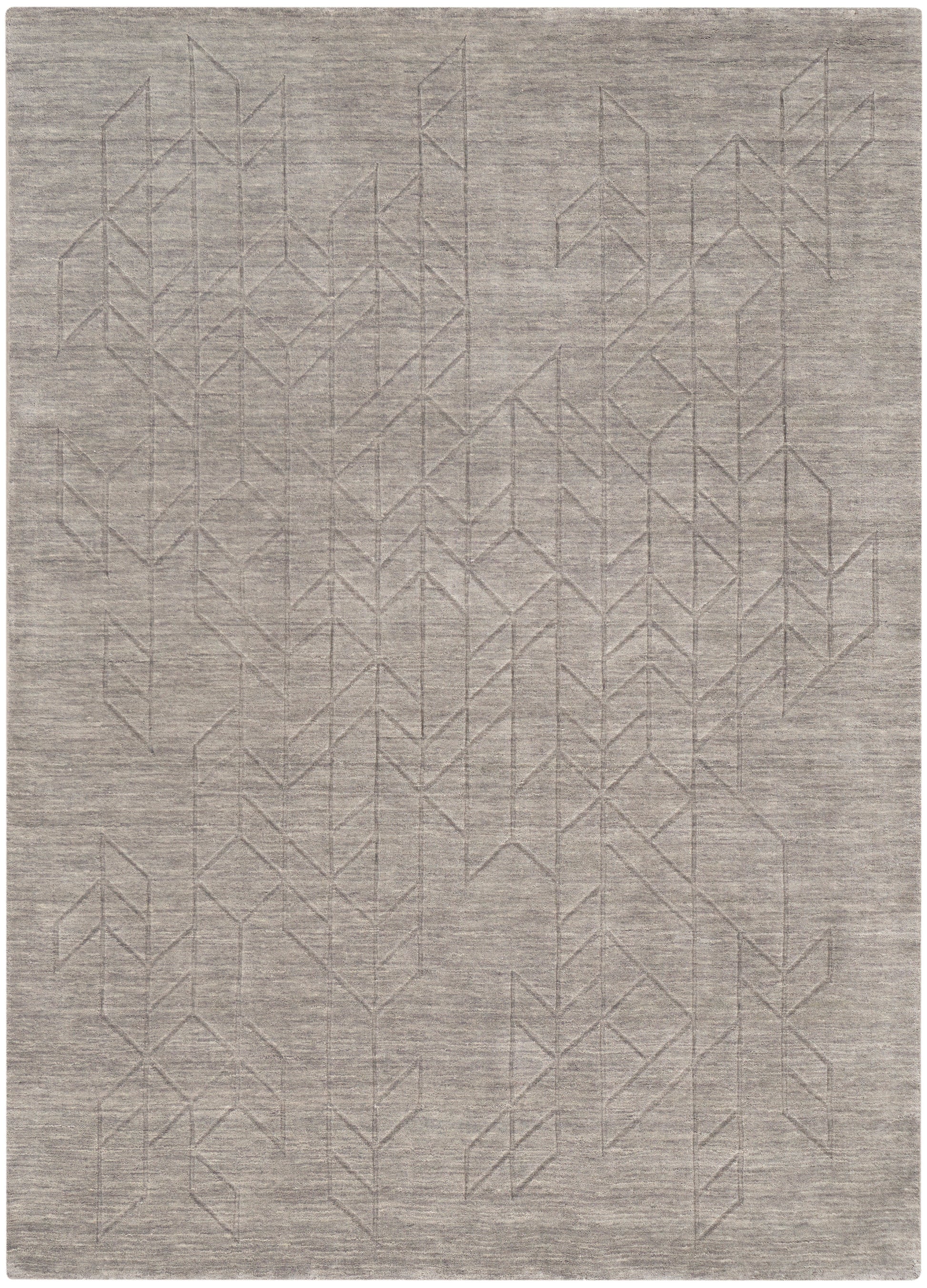 Neutral gray-beige area rug with a subtle geometric triangular line pattern for a modern, minimalist look.
