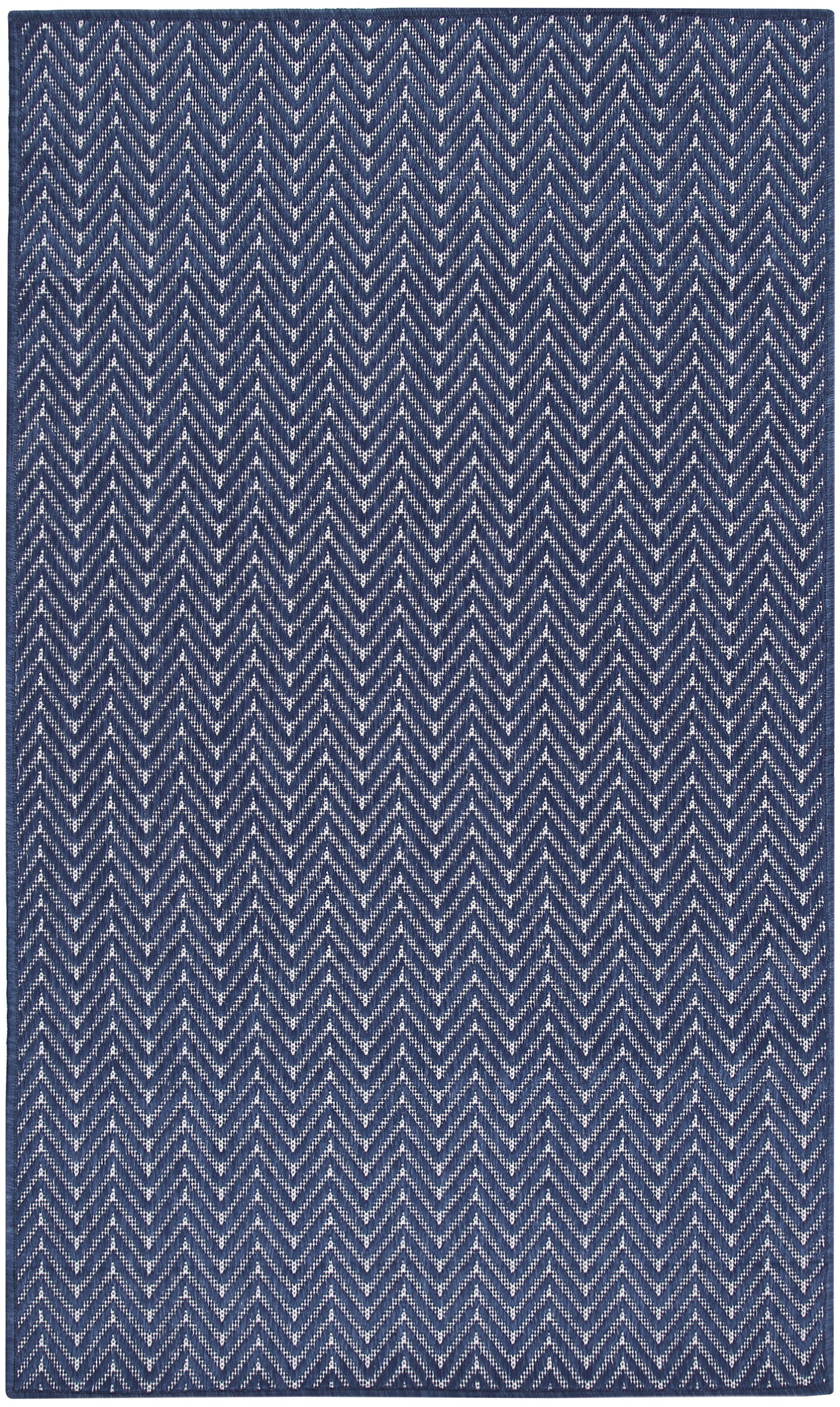 Navy blue rug with white chevron zigzag pattern; woven textile, rectangular.