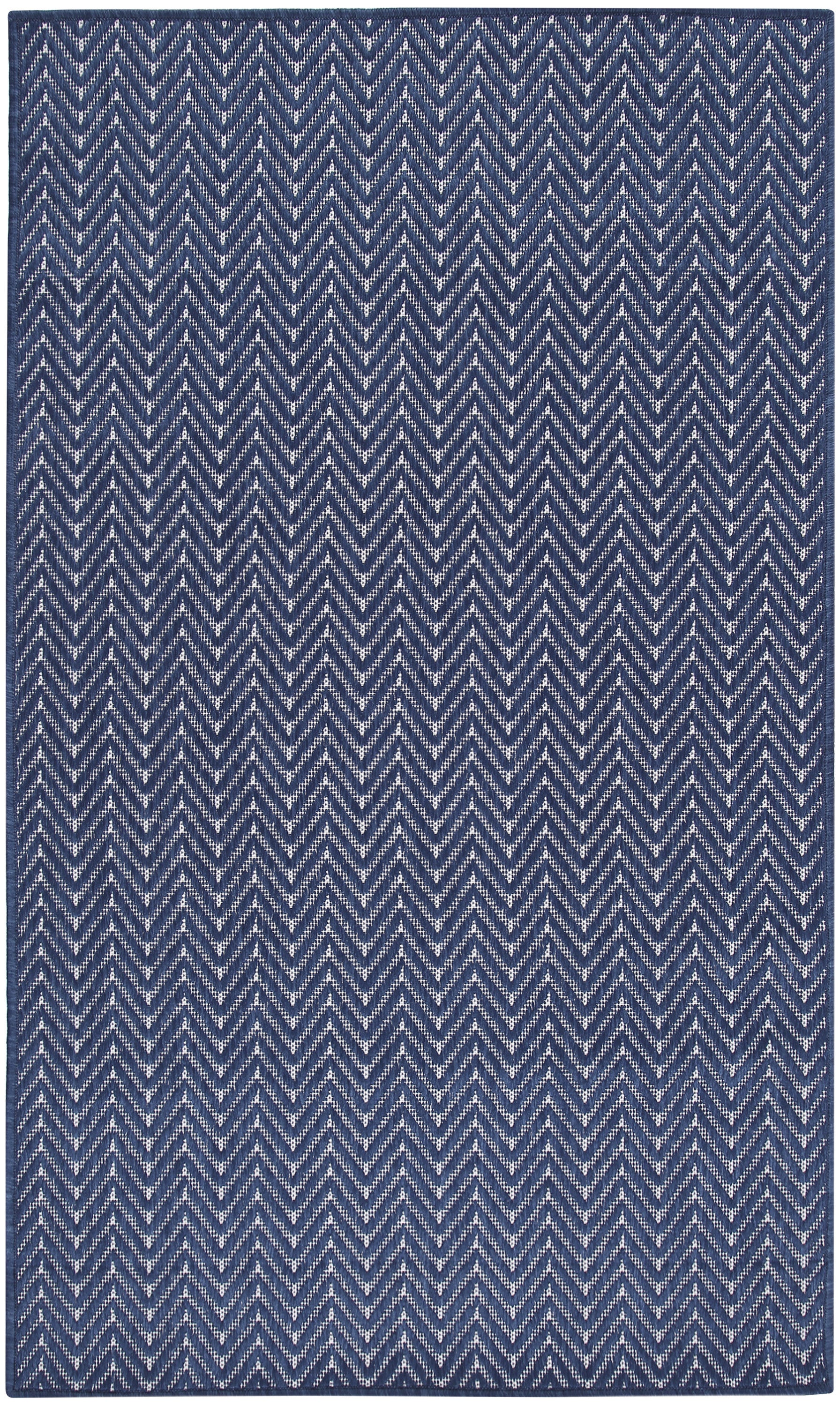 Navy blue rug with white chevron zigzag pattern; woven textile, rectangular.