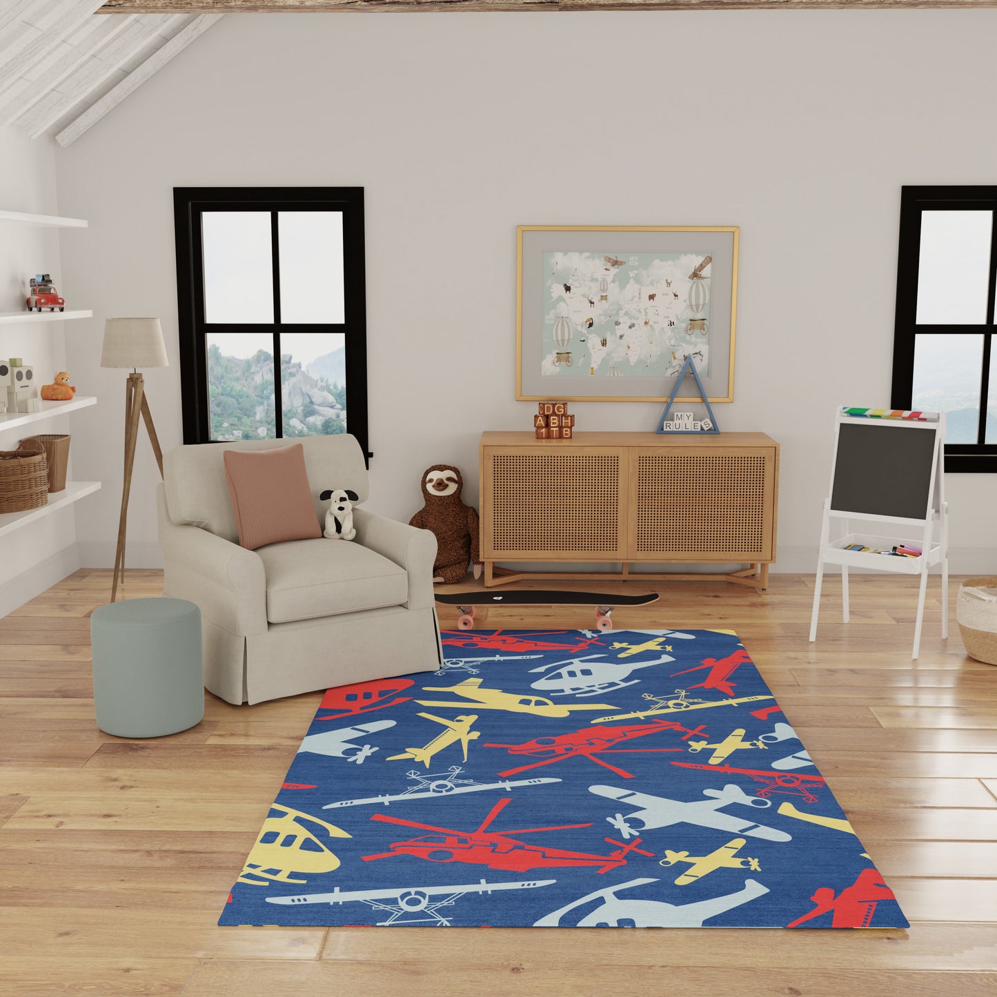 Cozy living room with blue airplane rug featuring red, yellow, white planes, beige armchair, panda plush, woven cabinet.