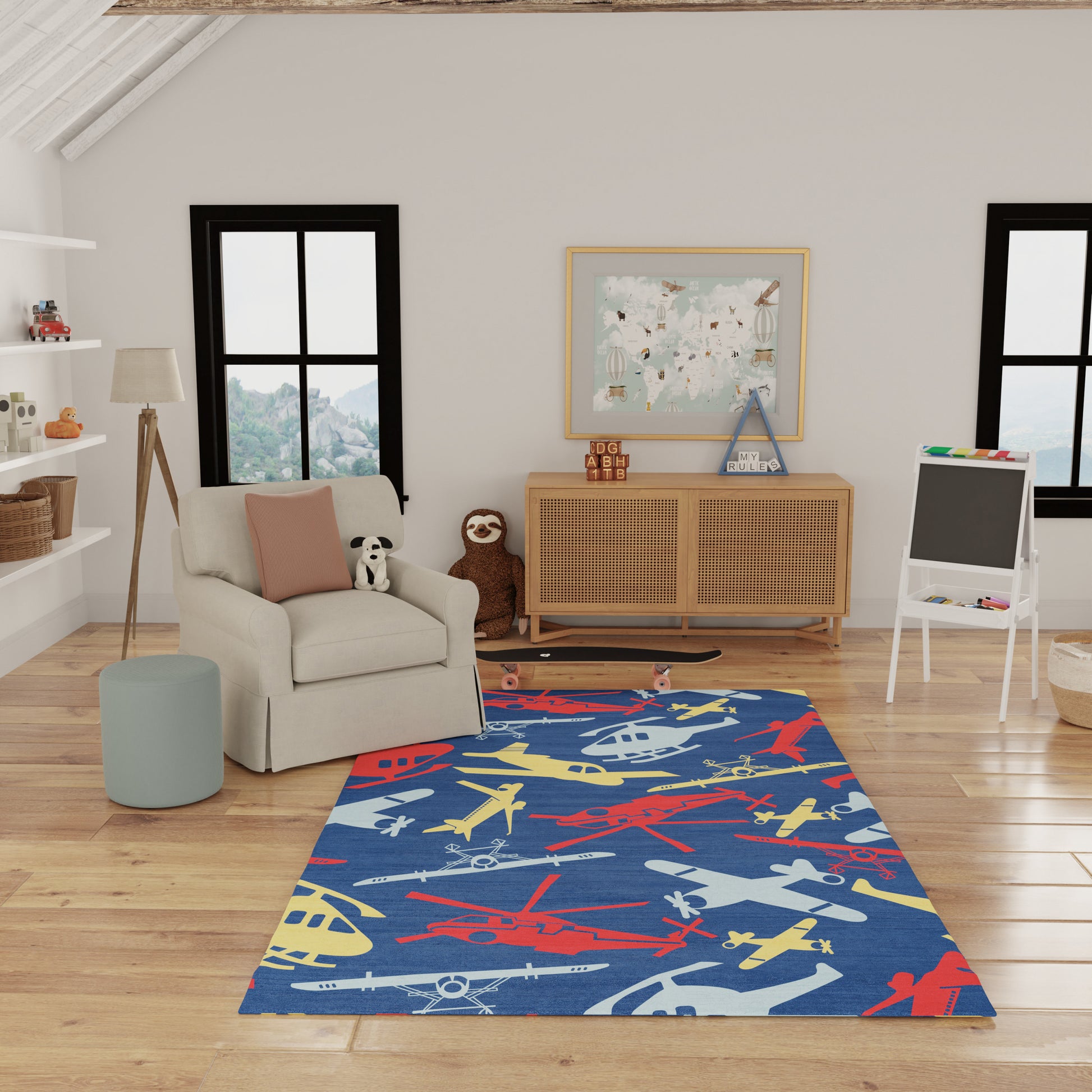 Cozy living room with blue airplane rug featuring red, yellow, white planes, beige armchair, panda plush, woven cabinet.