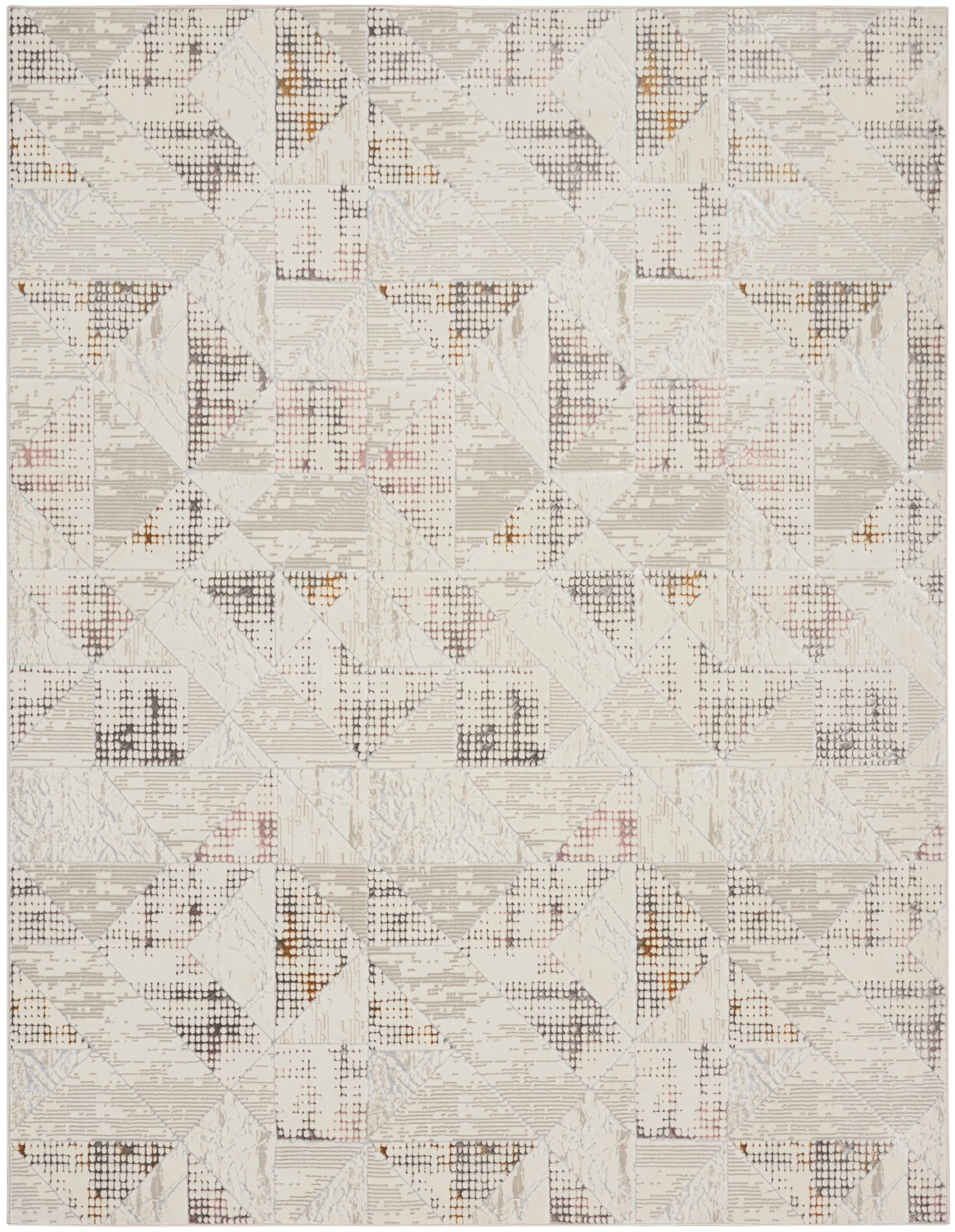 Neutral geometric rug with patchwork triangles in ivory, beige, and light gray, with subtle rust accents.